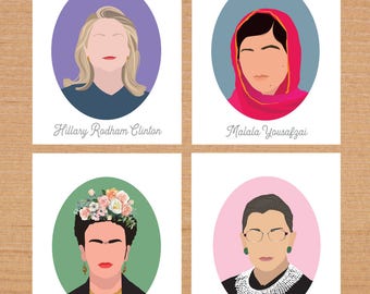 Feminist Prints, Set of Four, Hillary Clinton, Frida Kahlo, Malala Yousafzai and Ruth Bader Ginsburg