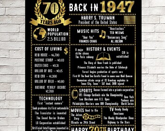 70th Birthday Chalkboard 1947 Poster 70 Years Ago in 1947 Born in 1947 70th Birthday Gift 1947 Birthday Poster, Personalized 70th Birthday