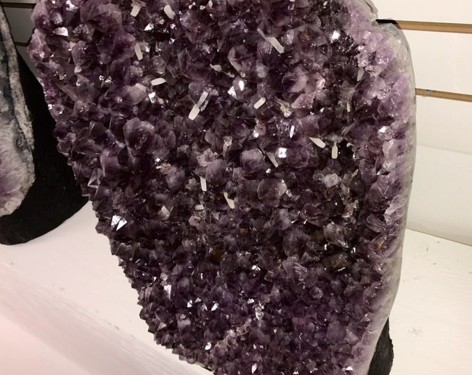 Amethyst Crystal Geode All Natural- 17" Tall X 15" Wide X 7" Thick- White Calcite Crystal Inclusion Healing Crystals \ Reiki \ Healing Stone
