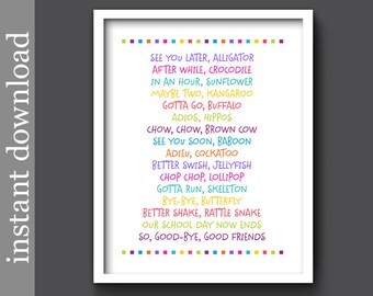 Nursery Rhyme, Nursery Printable, Later Alligator, nursery wall art, printable wall art, childrens art, colorful print, colorful nursery art