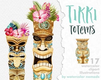 Tiki clipart, tribal clip art, Hawaii Tropical flowers, tikki totem, printable scrapbooking elements, Maori totems, diy luau party invites