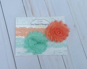 Peach and Aqua flower lace Headbands- set of 2, baby headband, flower head band, baby hair accessories, baby shower gift, baby hairbands