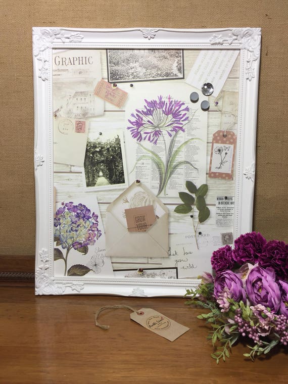 Garden Lovers Magnet Notice Board Covered in Botanical Paper - Framed Magnet Board - Shabby Chic Style Kitchen Memo Board - Magnetic Board