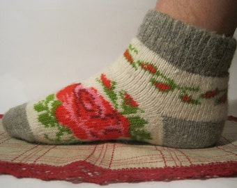 Nordic Beautiful knitted Angora wool socks for women. Pattern Rose flower. EU-37-39/ US- 7-9 Soft, warm and very comfortable