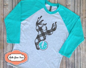 Deer Head Silhouette Shirt, Plaid Deer Tshirt, Christmas Shirt, Camping, Adult Unisex Raglan, Tops and Tees