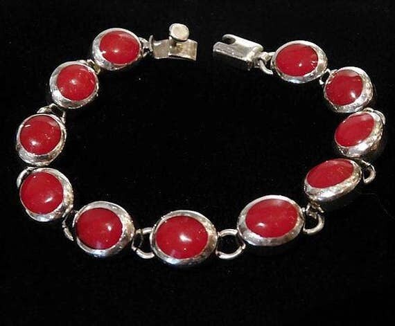 Vintage Red Jasper Sterling Silver Bracelet Mexico 925 Red Jasper Gem Gemstone Link Bracelet Southwestern Jewelry