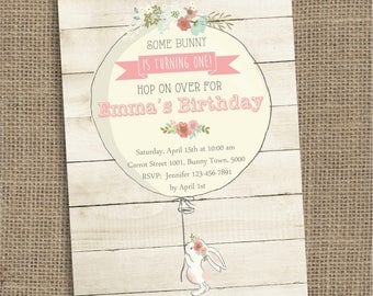 Bunny Birthday Invitation, Some Bunny Invite, Floral Bunny Party, Girl Birthday, Printable DIGITAL Invitation, Rabbit with Balloon Invite