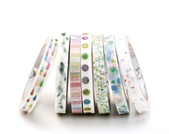 Super Thin Washi Tapes - Dots, Raindrops, Stripes, Rainbow Colors, Blue Hues, Slim 5mm x 7m