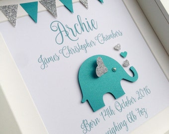 Baby boy gift, personalised baby gift, new baby gift, elephant art, christening gift, nursery decor, elephant nursery decor, nursery wall