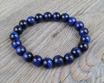 Bracelet de pierres fines oeil de tigre bleu 8mm