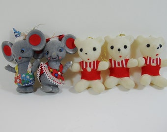 Vintage 1960's Flock Christmas Tree Decorations, Flock Tree Ornaments, Retro Kitsch Christmas Tree Trimmings.