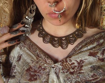 Golden Mexican glass beaded macrame necklace