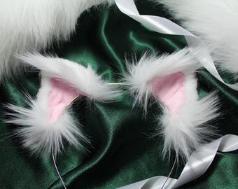 Kitty Ears, Cat Ears, White and pink Kawaii Neko, Luxury Faux Fur, Cosplay, Anime, Furry