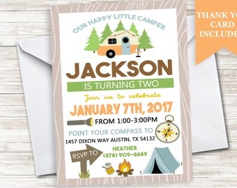 Happy Camper Invitation Invite Birthday Boys Camping Little Camp Trailer RV Digital Personalized 5x7
