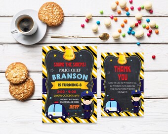 Cute police invite,Police Invitations, Police Party, Police birthday, Police Birthday Party,Thank you card included