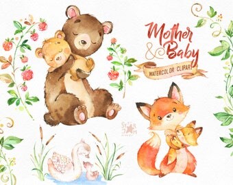 Mother & Baby. Watercolor animals clipart, fox, bear, swan, greeting, mothers day, invite, floral, wreath, diy, card, raspberry, babyshower
