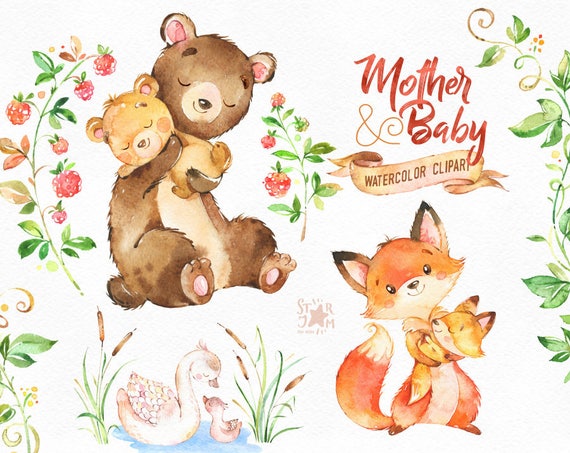 Mother & Baby. Watercolor animals clipart fox bear swan