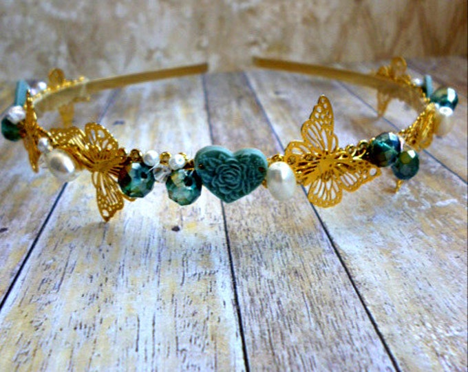 Gold Mint Boroque Crown Tiara Headband Dangle Drop Earrings Gold butterfly Green crystals pearls Jewelry Set DG style butterflies bridal