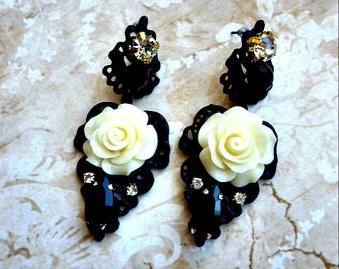 Black Milk Ivory White Roses Earrings Baroque Dangle Drop Filigree Black Earrings Jewelry Gift Gor Her Gothic Girl Cocktail Chandeliers
