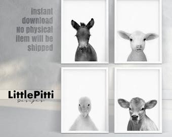 Barn animal art nursery, farm house decor, foal wall decor, lamb wall decor, calf print, duck wall decor, nursery set of 4, baby instant art
