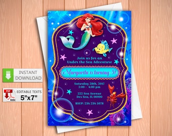 Printable invitation Little Mermaid party in PDF with Editable Texts, Princess Little Mermaid party Invitation, edit and print yourself!