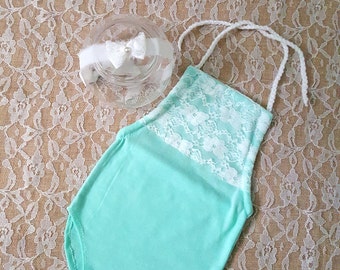 sitter lace romper, 5 - 8 month photo outfit, baby photo outfit, baby photo clothes, sitter onesie, baby mint romper, lace headband