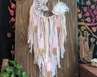 White Pink Gold Dream Catcher - Bohochic Nursery Decor - bohemian Wall Hanging - boho baby shower gift - gift for her - home gift