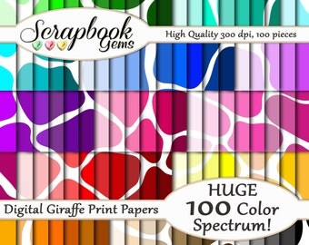 100 Colors Giraffe Print Papers, 100 Pieces, 12" x 12", 300 dpi High Quality JPEG files, Instant Download