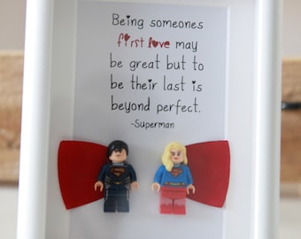 Superman and Superwoman or wonderwoman Lego inspired romantic boyfriend anniversary wife husband girlfriend wedding husband to gift present