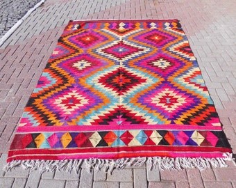 Vintage turkish kilim rug, kilim rug 8x10, area rug, large rug, bohemian rug, pink rug, wool rug, gift for mom, 76