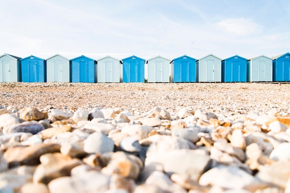 BEACH HUTS and PEBBLES. Beach Print,Beach Huts,Dorset Print,Jurassic Coast,Pebbles On Beach,Photographic Print