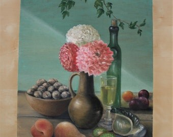 Still-life - original oil painting, 35x45 cm, flowers,green, spring, pink, art, drawing, illustration