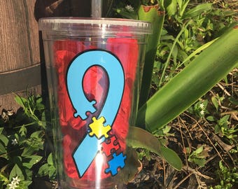 Puzzle Piece Ribbon Autism Cup , Autism Awareness Tumbler , Special Needs , Proud Autistic Parent Tumblr , Teacher Gift Special Education