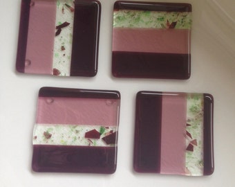 Fused Glass Coasters, set of 4, confetti stripe design