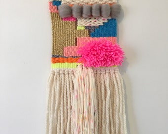 Small Neon Pom Woven Wall Hanging // Weaving // Boho Wall Hanging // Boho Wall Decor // Textile Wall Hanging