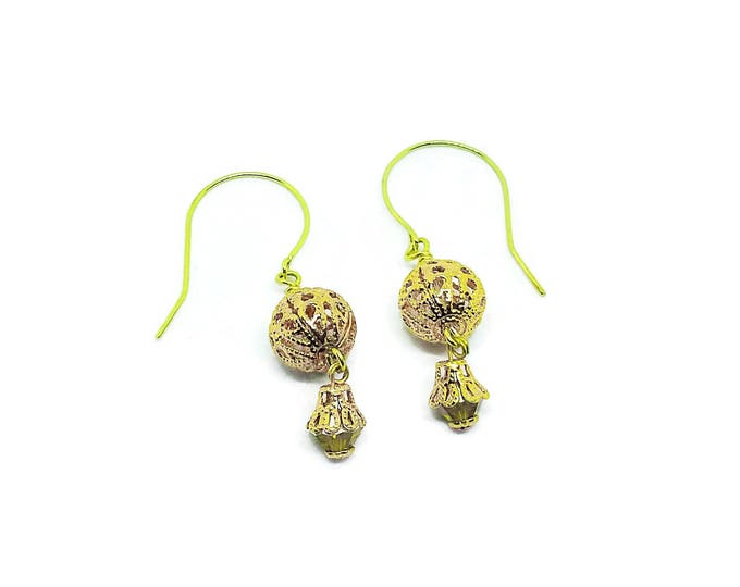 Gold Filigree Bead Dangle Earrings, Gift for Her, Gold Earrings, Unique Birthday Gift, 22k Gold Plated Earrings