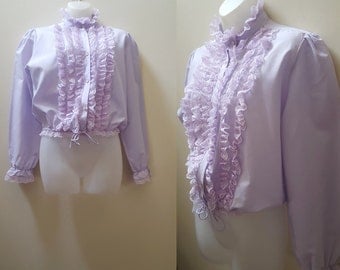 SALE 1970s Ruffled Blouse / 70s/80s Lilac Ruffled Cropped Tie Front Top Victorian Revival Winter Spring Medium Large