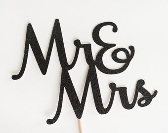 Mr & Mrs Wedding Cake Topper, Black Glitter, and, Bridal shower Decor, Script , Calligraphy, Handwritting, Decoration, Mr and Mrs