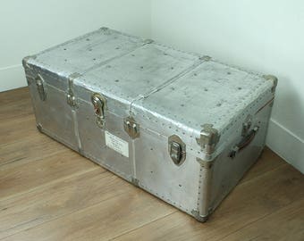 Vintage Aluminium Trunk - large 1940s aluminium shipping trunk - military aluminium trunk - large vintage trunk - vintage luggage