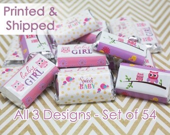 Pink Owl Girl Baby Shower Decorations Party Favor Stickers for Hershey's Miniatures Candy Bars (Set of 54)