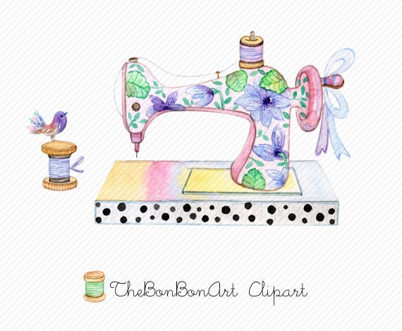 Handdrawn watercolor collection of objects for sewing sewing tools