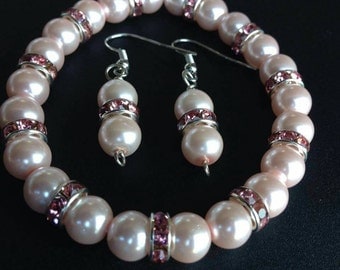 Rose pearl bracelet and earring set