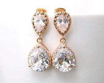 Yellow or Rose Gold Handmade Cubic Zirconia CZ Goldplate Dangle Bridal Earrings, Bridal, Wedding (Sparkle-2159)