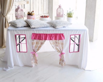 Girls birthday party decorations/ Tablecloth Playhouse/ Christening table decor/ Pink and White/ Play room/ Birthday Tablecloth/ Kids fort