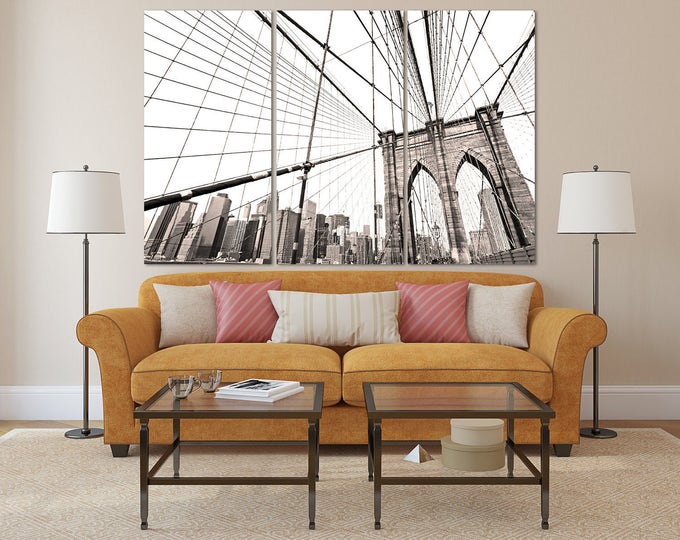 Large black and white brooklyn bridge skyline canvas print, architecture wall art, brooklyn new york print, gray new york photography print