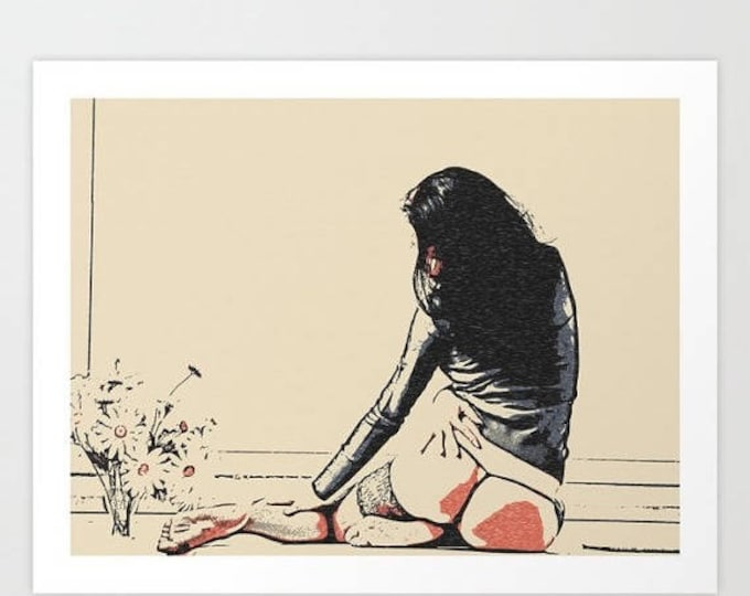 Erotic Art Giclée Print - Girl with flowers, sensual nude art, naked girl sletch, perfect, sexy body, sensual conte artwork, ...