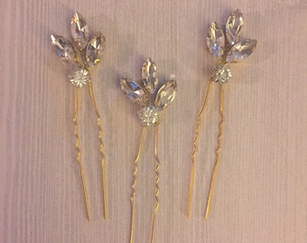 Gold Hair Pins, Rhinestone Hair Pins, Bridal Hair Pins, Wedding Hair Pins, Gold Leaf Hair Pins, Rhinestone Leaf Hair Pins-Norah