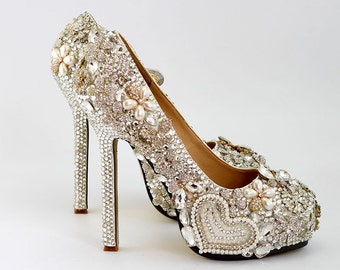 Cute Heart Love Woman Party Shoes Floral Rhinestone Wedding Heels Bling Platform Shoes Luxury Prom Party High Heels Bridesmaid Shoes