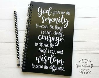 Writing journal, spiral notebook, sketchbook, bullet journal, black white, recovery journal, blank lined grid - Serenity prayer
