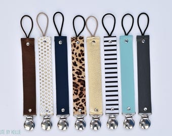 Genuine Leather, Binky Clip, Pacifier Clip, Leather Binky Strap, Leather Paci clip, Teething Toy Strap, Various Patterns
